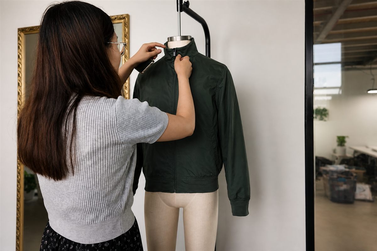 MORO specialist adjusting an outerwear sample on a mannequin